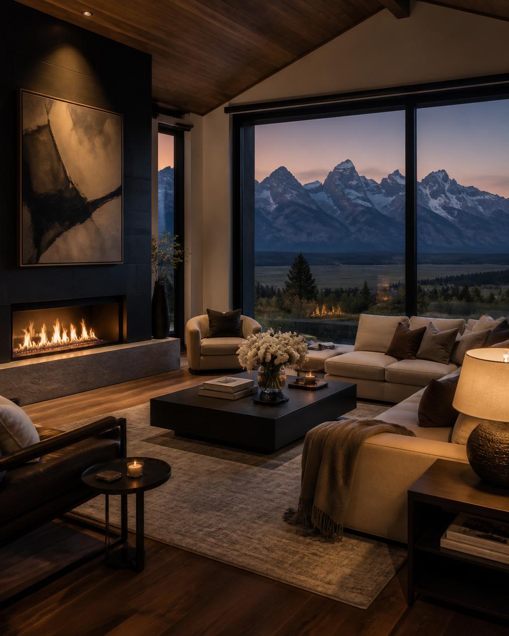 A luxury mountain home living room with Teton Range views